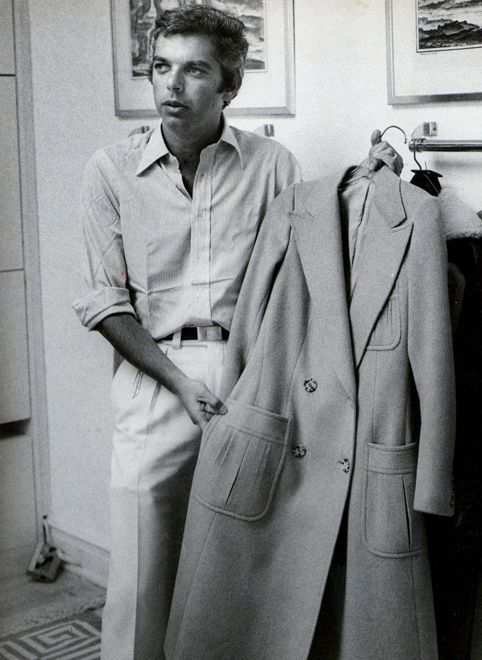 Ralph Lauren in the &rsquo;70s with his iconic polo coat, which was to become one of the brand&rsquo;s signature classics