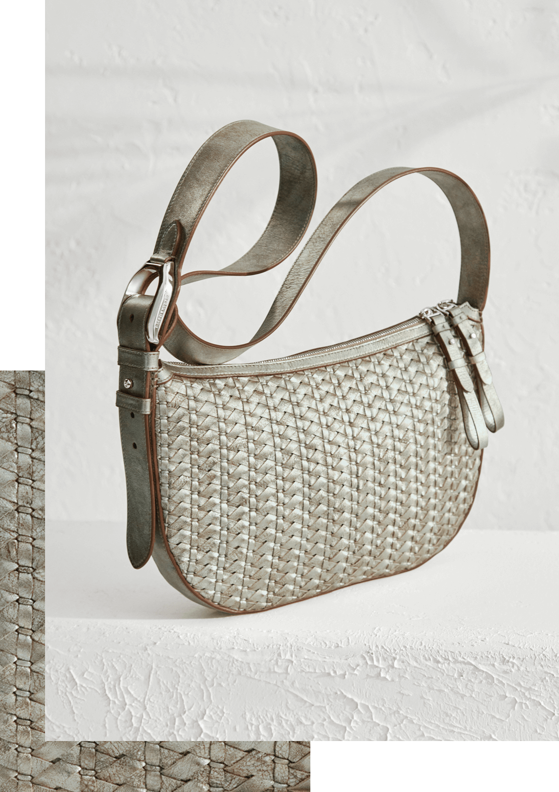 Metallic woven-leather handbag.