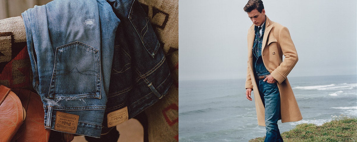 Man in distressed denim, long peacoat & cricket sweater