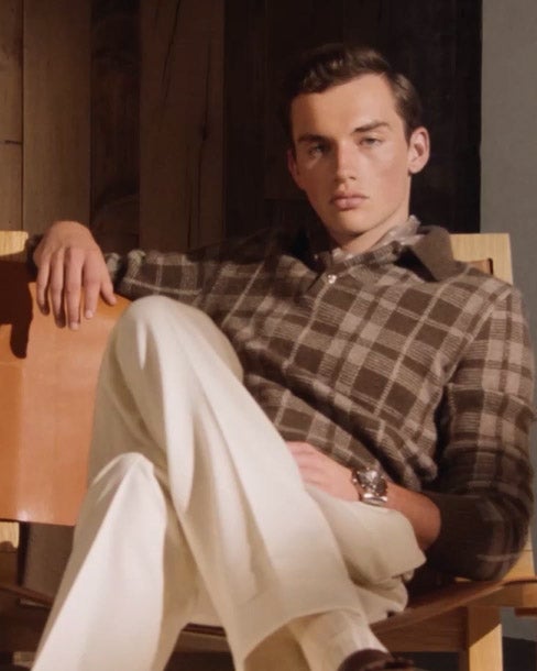 Plaid Cashmere Polo-Collar Sweater