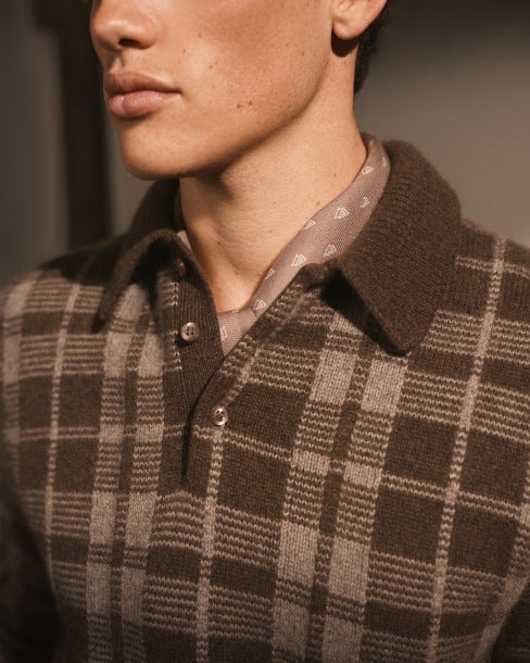 Plaid Cashmere Polo-Collar Sweater