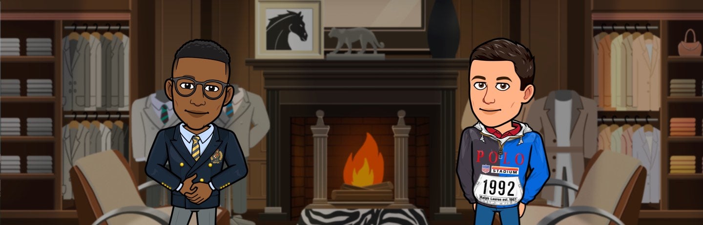 Male Bitmoji in navy blazer & male Bitmoji in Stadium popover